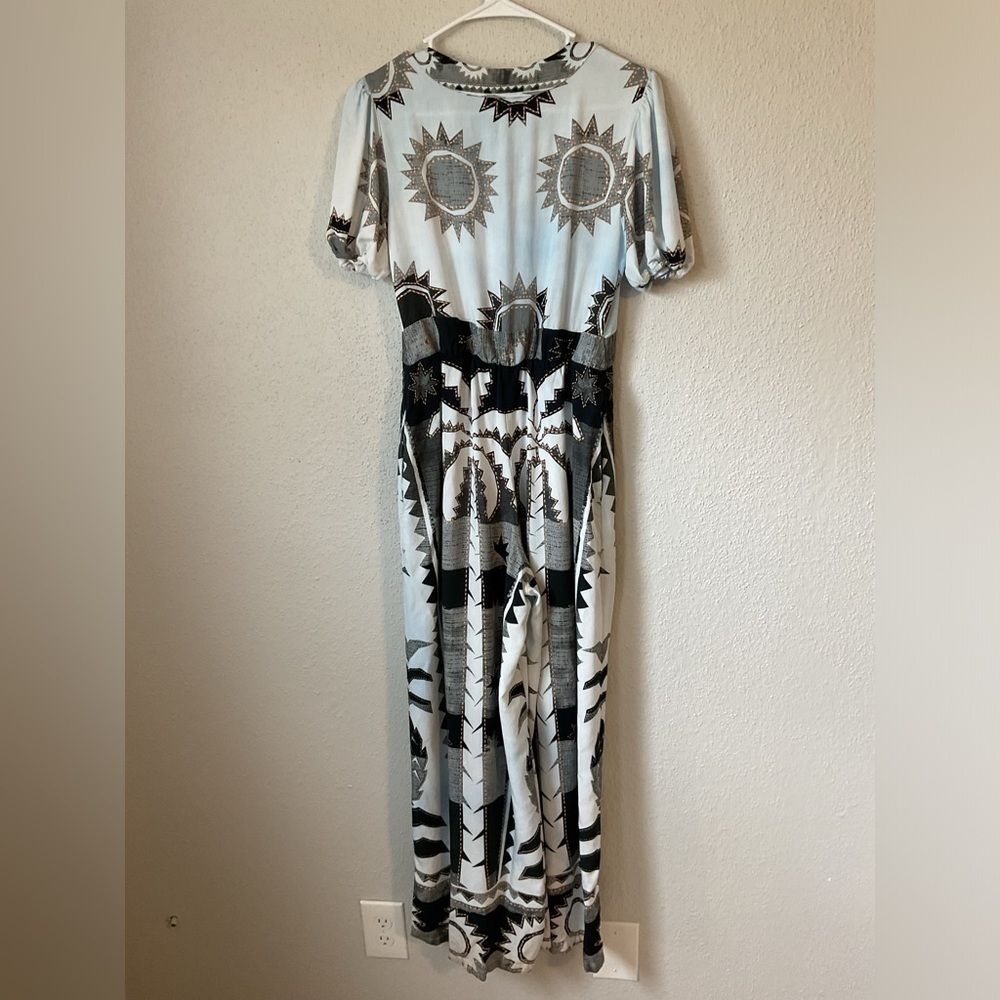 Farm Rio Puff-Sleeve Linen Jumpsuit Black White Size Small Petite - Picture 4 of 15